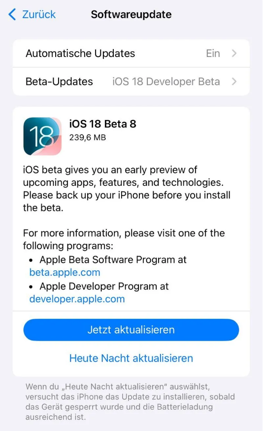 建德苹果手机维修分享苹果 iOS / iPadOS 18 开发者预览版 Beta 8 发布 